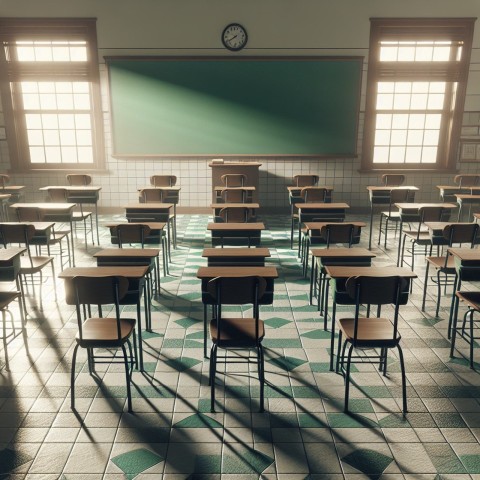 Take a picture of an empty classroom with chairs up on the desks 1